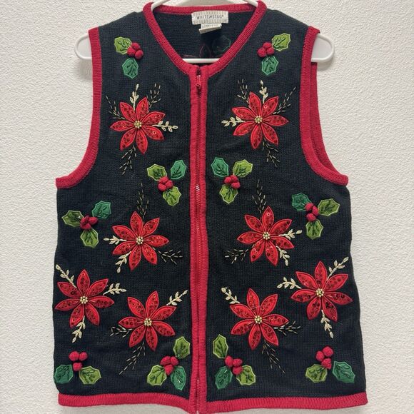 White Stag Christmas Sweater Vest Small 4/6  Black Poinsettia Zip Front VTG - Picture 1 of 4